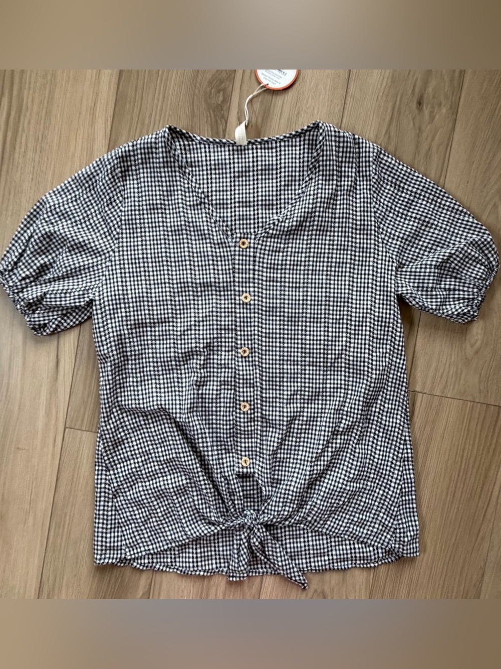 Flamingo Urban Women’s Black & White Gingham Tie-Front Button Top Short sleeve S